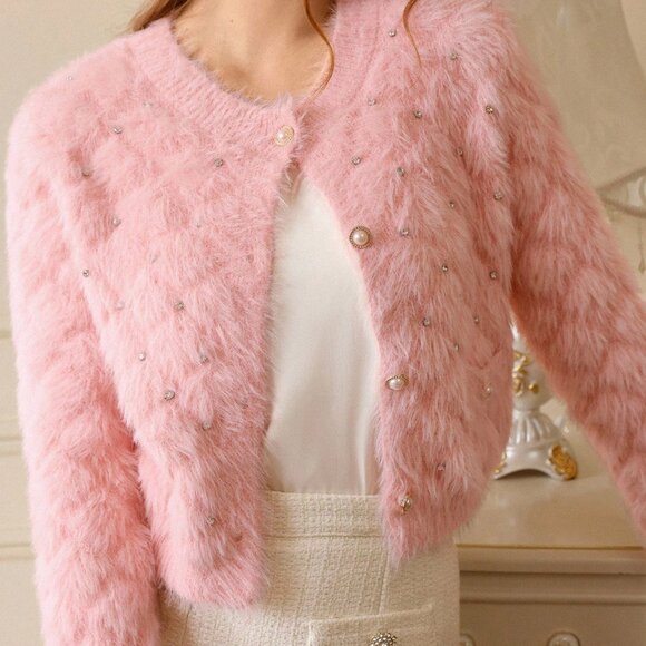Pink Casual Women's Studded detailed fuzzy button down sweater Cardigan - Picture 6 of 6